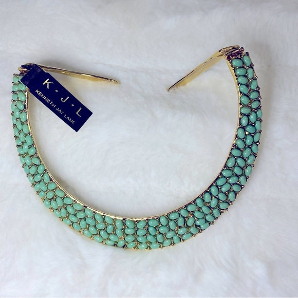 NWT RARE KENNETH JAY LANE TURQUOISE CABOCHON GOLD COLLAR NECKLACE - Picture 4 of 6
